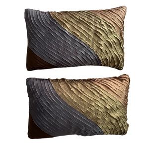 Pair of blue, brown and green decorative ruffled throw pillows